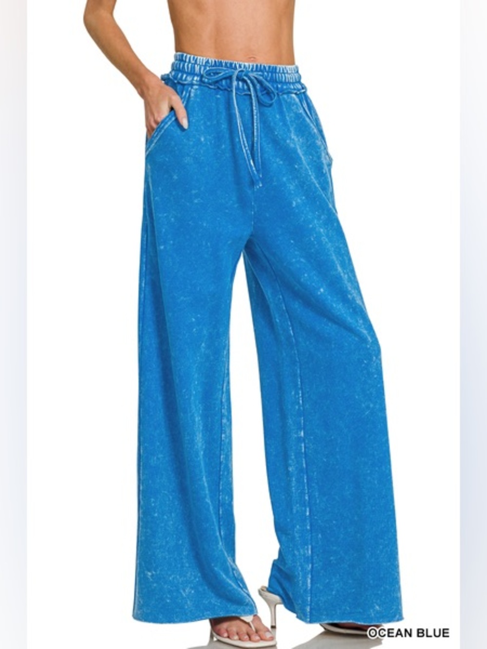 Zenana Blue  Wide Leg  WASHED FRENCH TERRY SWEATPANTS